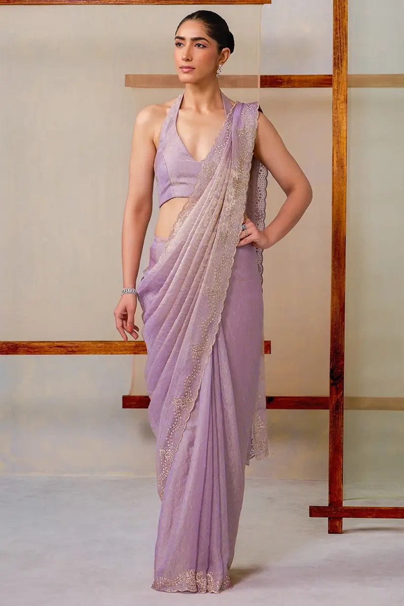 Lavender Fendi Chiffon Embellished Saree With Stone Work